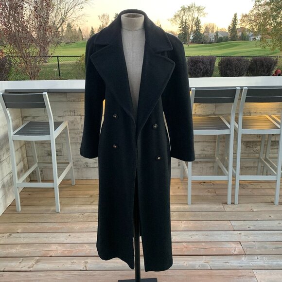 Vintage 90s Double Breasted Belted Long Maxi Overcoat Black Wool Trench Coat - Picture 1 of 16